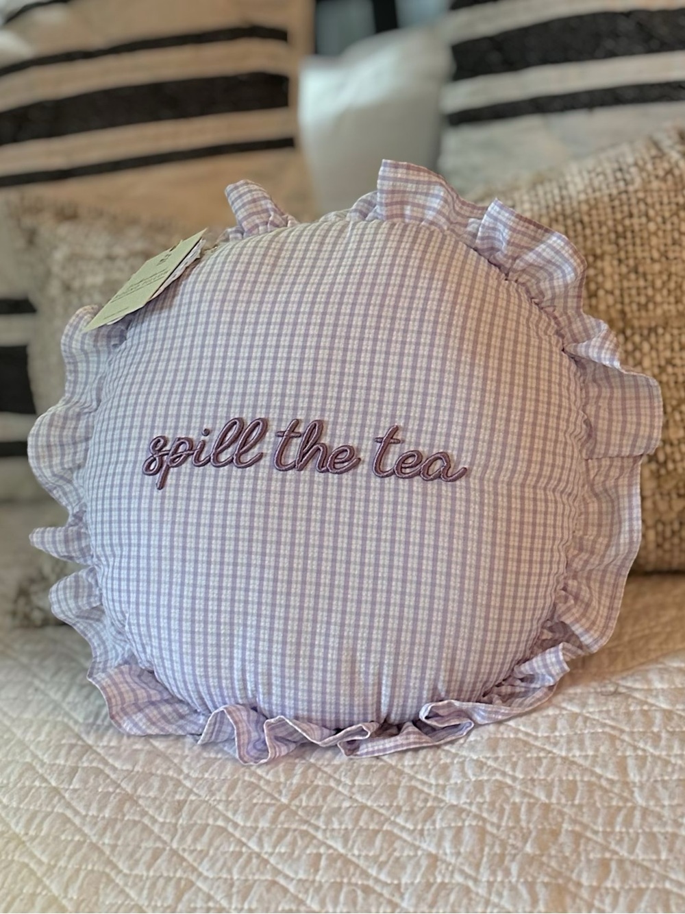 NWT Lavender Gingham “Spill The Tea” Round Ruffle Pillow